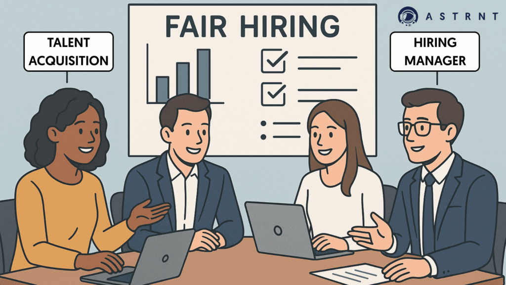 Talent acquisition professionals and hiring managers gathered around a table with a sign reading "Fair Hiring," emphasizing collaboration and objective decision-making.
