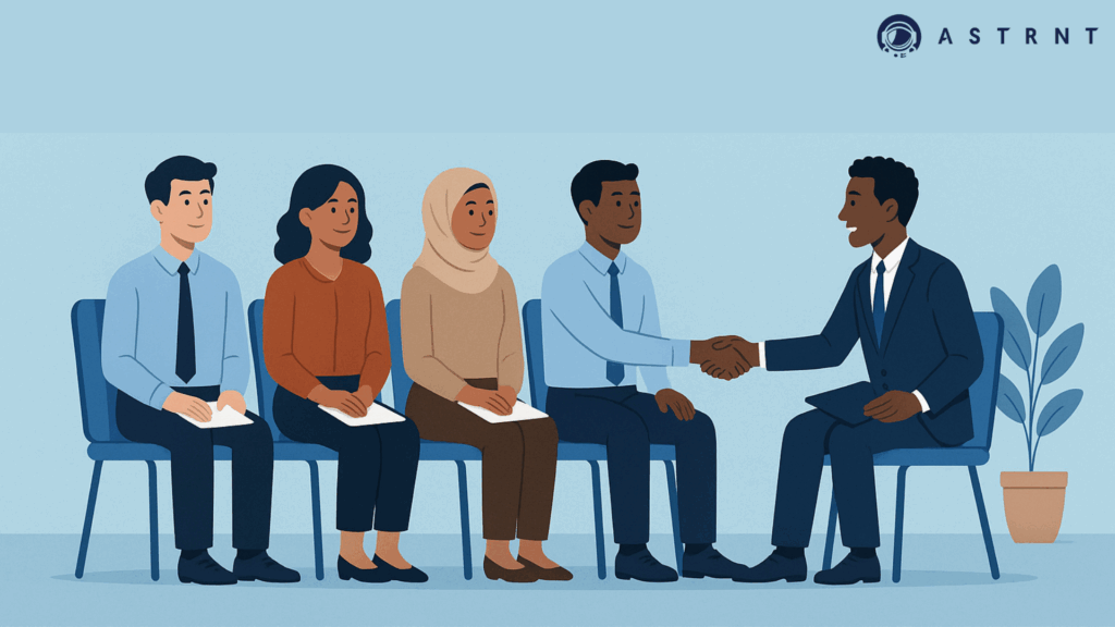 Group of diverse professionals seated and shaking hands, symbolizing collaboration to champion a structured, fair hiring practices.