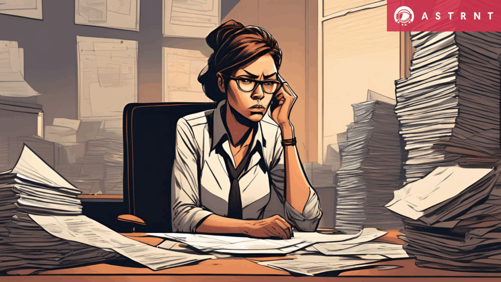 an illustration of a talent acquisition sitting at a desk in front of piles of papers