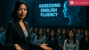 Confident Asian recruiter using AI to assess English fluency instantly in mass hiring.