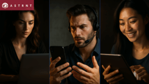 Three diverse talents completing an online skill test, psychometric assessment, and video interview using ASTRNT.
