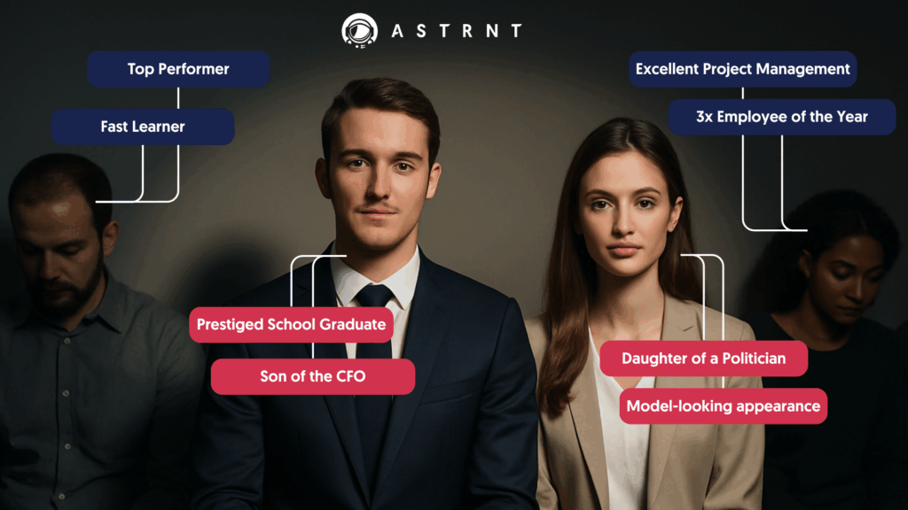 Four job candidates seated. Two are spotlighted and labeled with identity-based biases, while two are dimmed, illustrating how unconscious bias shapes visibility and opportunity in hiring
