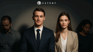 Two well-dressed candidates are highlighted biased identity markers, while two others are obscured, illustrating unconscious bias in hiring