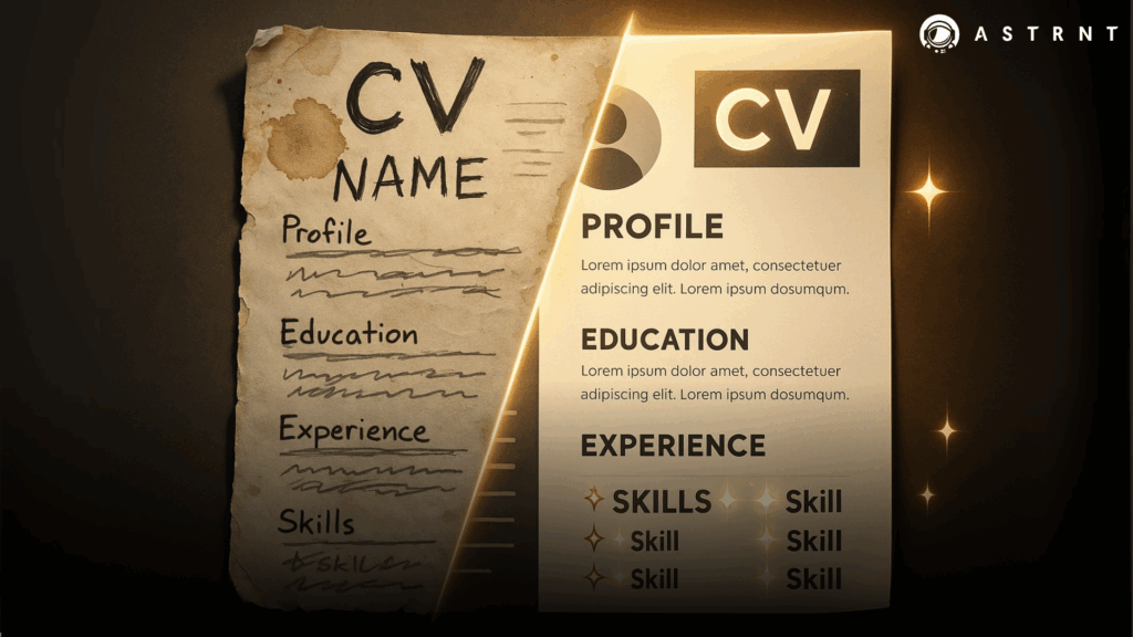 Messy handwritten CV turning into a glowing, AI-polished resume that looks flawless but fake.