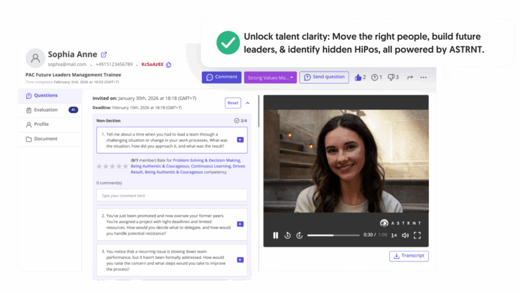 ASTRNT NextGen Assessment Center platform showing candidate evaluation, video response, and assessor review for HiPo identification.