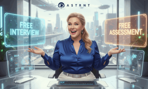 Recruiter choosing between Free Interview and Free Assessment within ASTRNT platform for hiring.